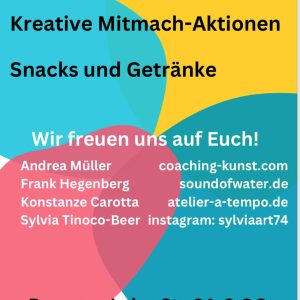 Flyer aller Künstler des Ateliers, Kreativer Abend, Kreativer Sonntag, Klang-und-Pinsel, Kreativer Abend mit Klang und Pinsel, Kreativ mit Klang und Pinsel